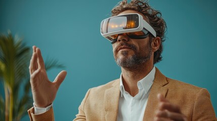 Middle aged man in VR headset doing business. Man exploring Virtual space.