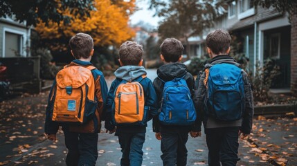 Four Children Walking in Autumn Street with Backpacks, Surrounded by Colorful Fall Leaves, Capturing a Moment of Playfulness and Adventure in Nature