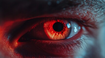 Extreme close-up of a mesmerizing red eye with dilated pupil, surrounded by eyelashes and skin texture, conveying intensity and otherworldly allure.
