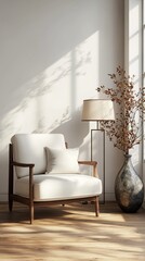 Sunlight casts gentle shadows on a serene living space, highlighting a cozy armchair, elegant lamp, and dried floral arrangement in a sleek vase.