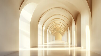 Fototapeta premium A long, white hallway with arches leading to a warm, inviting light at the end.
