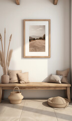 Minimalist Interior Design with Wooden Bench Pampas Grass and Landscape Photo
