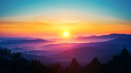 Obraz premium Vibrant Sunset Over Silhouetted Mountain Ranges - Digital Illustration