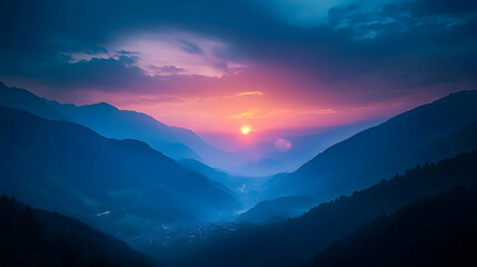 Obraz premium Silhouetted Mountain Range with Sunset Background Image