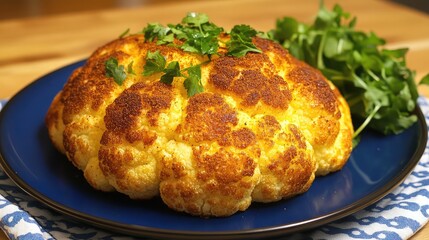 Whole Roasted Cauliflower with Fresh Herbs on a Decorative Plate, Ideal for Vegan and Vegetarian Cuisine, Healthy Meal Option, Beautifully Presented Dish