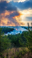 Dramatic forest fire rages through dense pine woodland, billowing smoke rising against vibrant sunset sky, nature's fury and beauty collide in stunning scene.