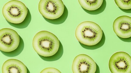 Fototapeta premium Vibrant kiwi fruit halves arranged in a neat pattern on a light green background, showcasing their juicy flesh and distinctive black seeds.