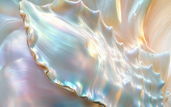 Mother-of-Pearl Texture: Smooth, pearly interior of a seashell, reflecting soft, iridescent hues. 