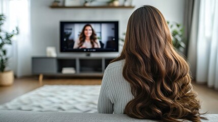 Woman with Long Hair Watching Online Video in Cozy Living Room, Focused on Screen, Engaging Content, Comforting Atmosphere, Natural Light, Modern Interior Design