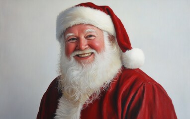 Classic Santa Portrait: A cheerful, traditional Santa Claus with a full white beard, wearing his classic red suit with white fur trim and a warm smile, standing on a simple white background