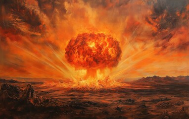 Detonation Over Ocean: A colossal nuclear explosion over the ocean, with a huge mushroom cloud rising and reflecting off the waterâ€™s surface, sending massive waves outward