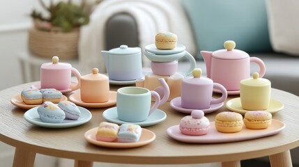 Colorful Miniature Tea Set with Sweet Pastries on Table, Perfect for Children's Playtime, Creative Activities, or Decorative Photography