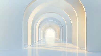 Obraz premium A long white hallway with a series of arches leading to a bright light at the end.
