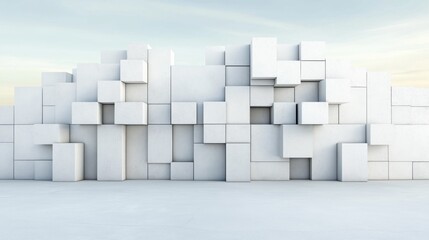 Architecture banner. Curved white wall composed of cubes. Minimalist 3D render. Design background