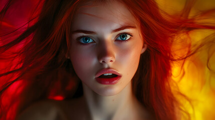 Fototapeta premium Redhead Woman with Flowing Hair in Dramatic Lighting, a Vivid Portrait with Intense Gaze and Open Mouth, Showing Warm and Cool Color Tones