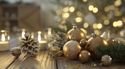 christmas decoration on wooden background on table