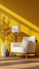 Minimalist living room corner with white armchair, lamp, and plant against vibrant yellow wall, casting dramatic diagonal shadow for modern aesthetic.