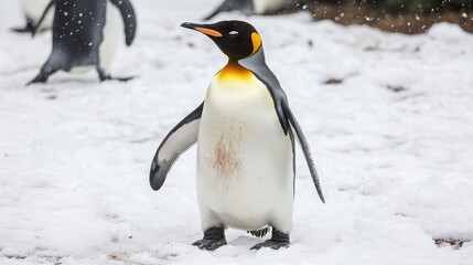Fototapeta premium Majestic Emperor Penguin Standing Proudly in a Snowy Landscape with Gentle Snowfall, Surrounded by Fellow Penguins in a Chilly Environment