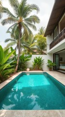 Tropical pool villa with lush green garden and bedroom interior design, garden, home