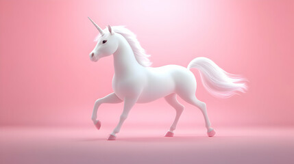 3D Render of a White Unicorn Galloping on a Pink Background, Magical Creature in Motion, Whimsical Fantasy Art