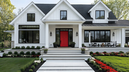 Fototapeta premium Modern Farmhouse with Red Door and Black Windows, Landscaped Yard, Grey Steps, White Exterior, and Spacious Porch.