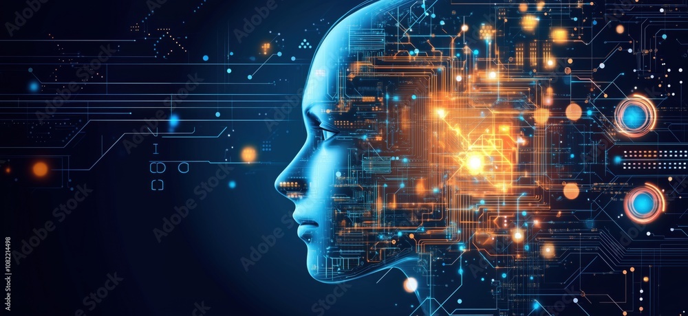 Poster futuristic ai profile with digital circuitry, glowing lights, and technology elements. human-like fa