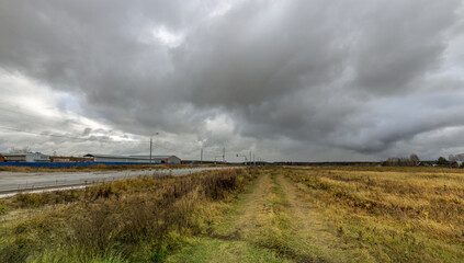 A cloudy sky with a few birds flying in the background