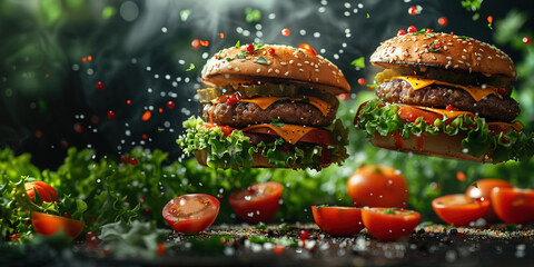 Flying hamburger, cheeseburger, dark background with tomatoes and peppers. Delicious grilled cutlet with cheese and salad.