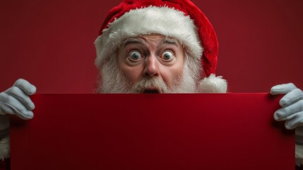 Naklejka premium Festive Red Banner Featuring Surprised Santa Claus