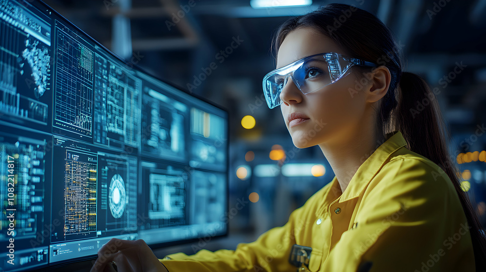 Poster woman in yellow jacket analyzes data on a multi-monitor display in a technological setting at night