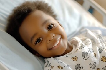 Baby boy wearing a tiny hospital gown, lying on a soft hospital bed with a gentle smile


