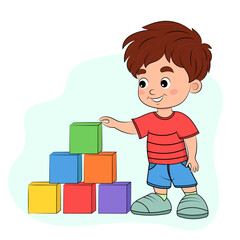 Cute little boy playing with colorful cubes, cartoon style, educational games, preschool learning