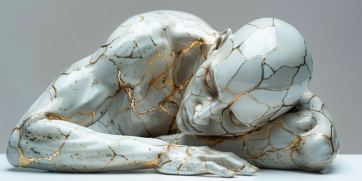 Kintsugi is traditional art of Japan, helps to restore person psychological trauma, golden crack scars close-up.