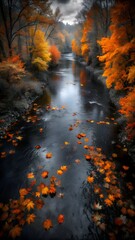 autumn, autumn leaves falling into a calm shallow river, flowing and making their way through them to the distant