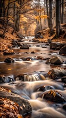 autumn, autumn leaves falling into a stormy river flowing through numerous stones blocking its path, making its way through them to the distant