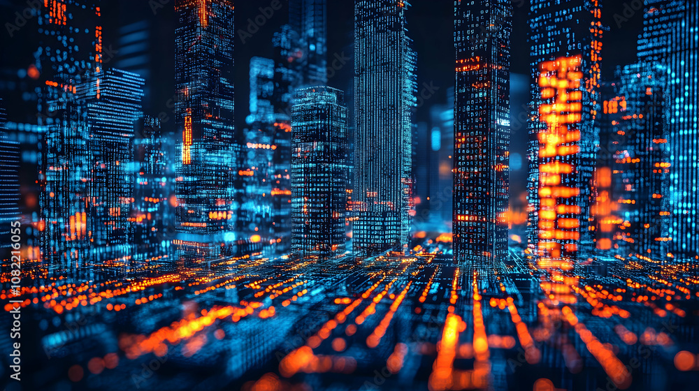 Poster 3d digital cityscape: illuminated towers of binary code glimmer in abstract background, neon lights 