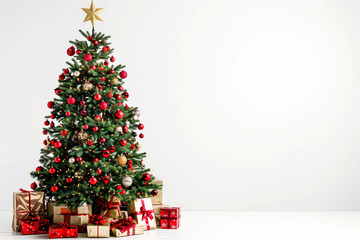 A Christmas tree with a variety of festive decorations and gifts underneath, photographed on a plain white background.