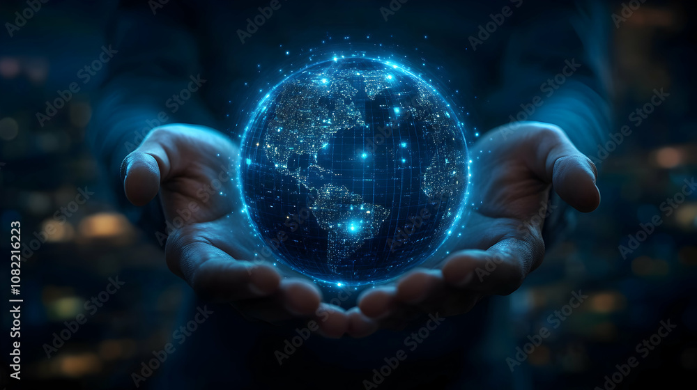 Poster digital globe held in hands: a 3d abstract background representing global connectivity and network