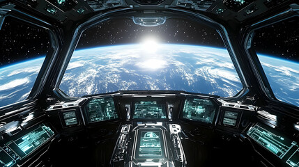 Spaceship Cockpit Views Earth's Sunrise from Orbit, Futuristic Sci-Fi Digital Display Panels Glowing Brightly.