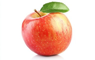 Apple on White Background  Single, fresh red apple with a glossy shine and small leaf on top, centered on a white background 