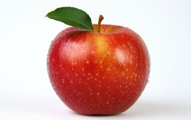 Apple on White Background â€“ Single, fresh red apple with a glossy shine and small leaf on top, centered on a white background -