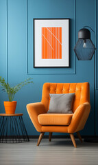 Orange Armchair with Grey Pillow in Teal Room Interior