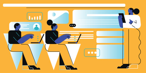 Business Marketing illustrations. Collection of scenes with men and women taking part in business activities. Team man and woman talk, discussion together. Vector modern flat illustration.	
