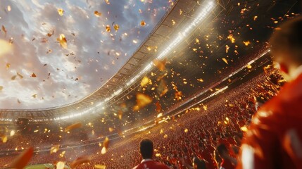 An immersive football match in a stadium generated by AI, with cheering fans filling the stands and creating a thrilling atmosphere