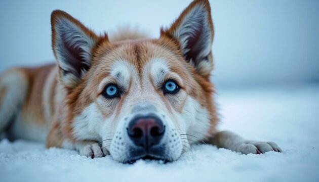 Close-up of a blue-eyed husky-like dog lying in the snow, gazing intently. Captures the beauty and intensity of a winter companion
