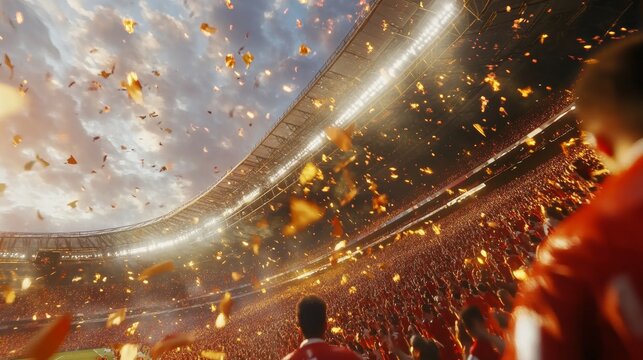 An immersive football match in a stadium generated by AI, with cheering fans filling the stands and creating a thrilling atmosphere - Powered by Adobe