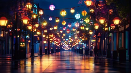 Fototapeta premium An illuminated city street at night, with vibrant street lanterns lighting up the surroundings, adding charm to the urban landscape