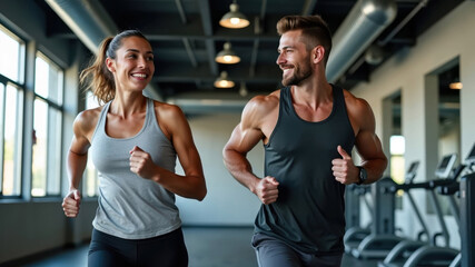 Naklejka premium Fit couple jogging indoors at a gym, smiling and motivating each other for a healthy, active lifestyle