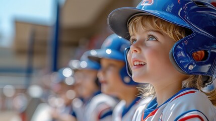 Young Athlete With Bright Smile In Baseball Helmet Enjoying Game While Sitting On Team Bench In Youth Sports Event Captured In Soft Light