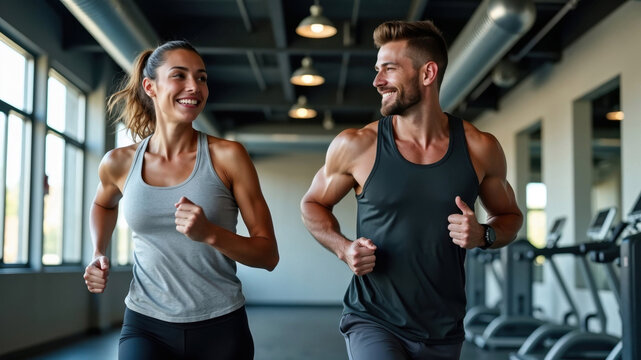 Fit couple jogging indoors at a gym, smiling and motivating each other for a healthy, active lifestyle